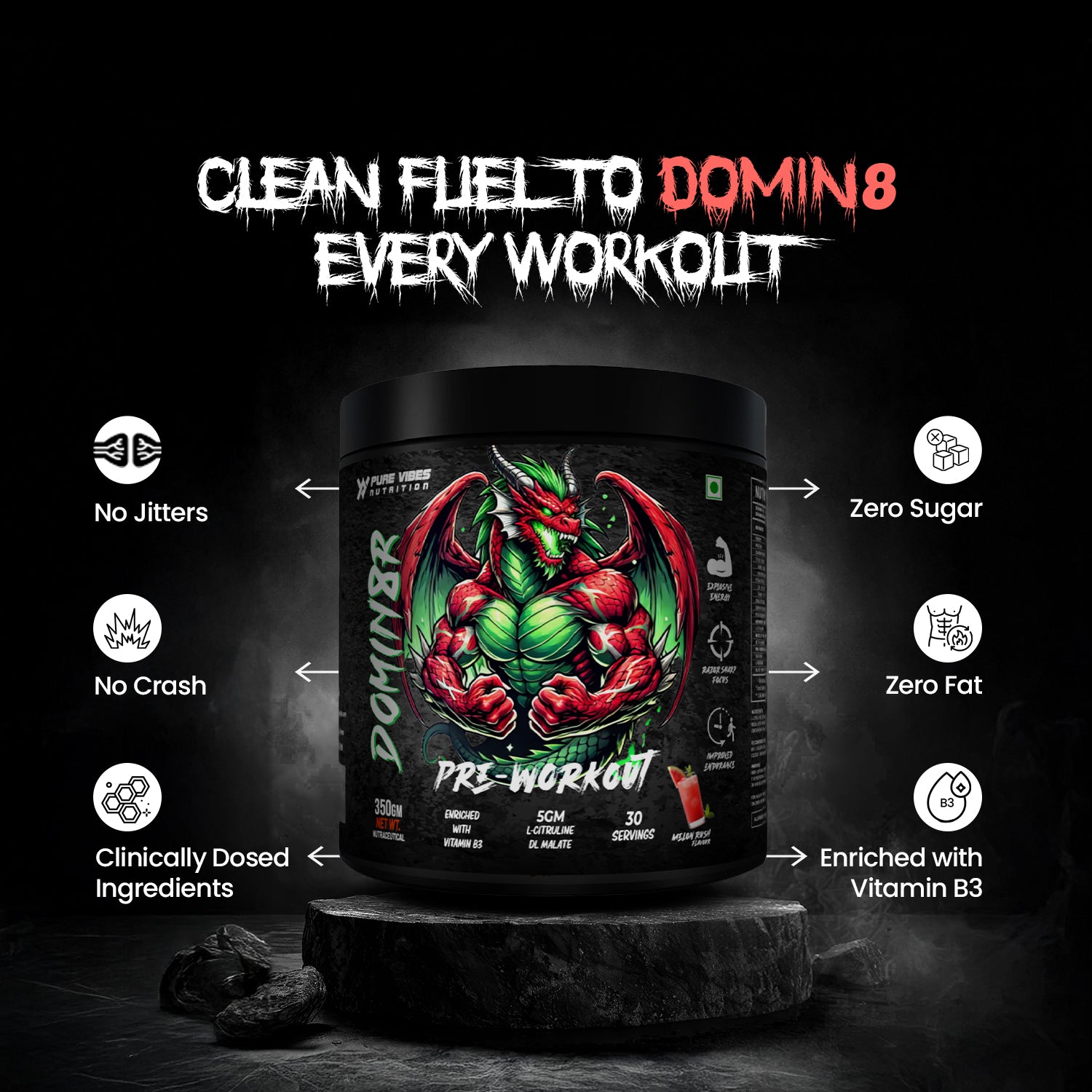 DOMIN8R Pre-Workout – Extreme Energy, Muscle Pump & Focus - Melon Rush 350g