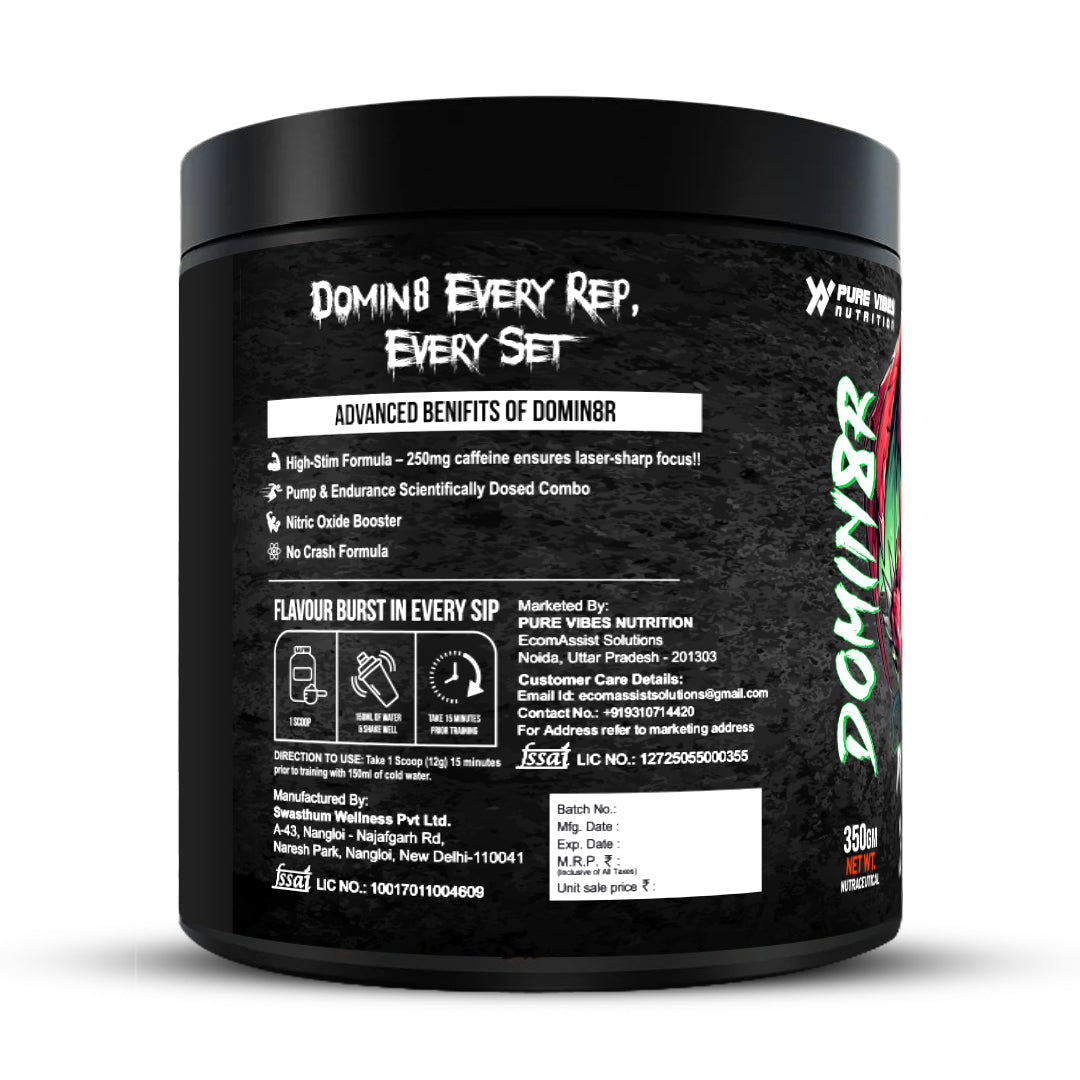 DOMIN8R Pre-Workout – Extreme Energy, Muscle Pump & Focus - Melon Rush 350g