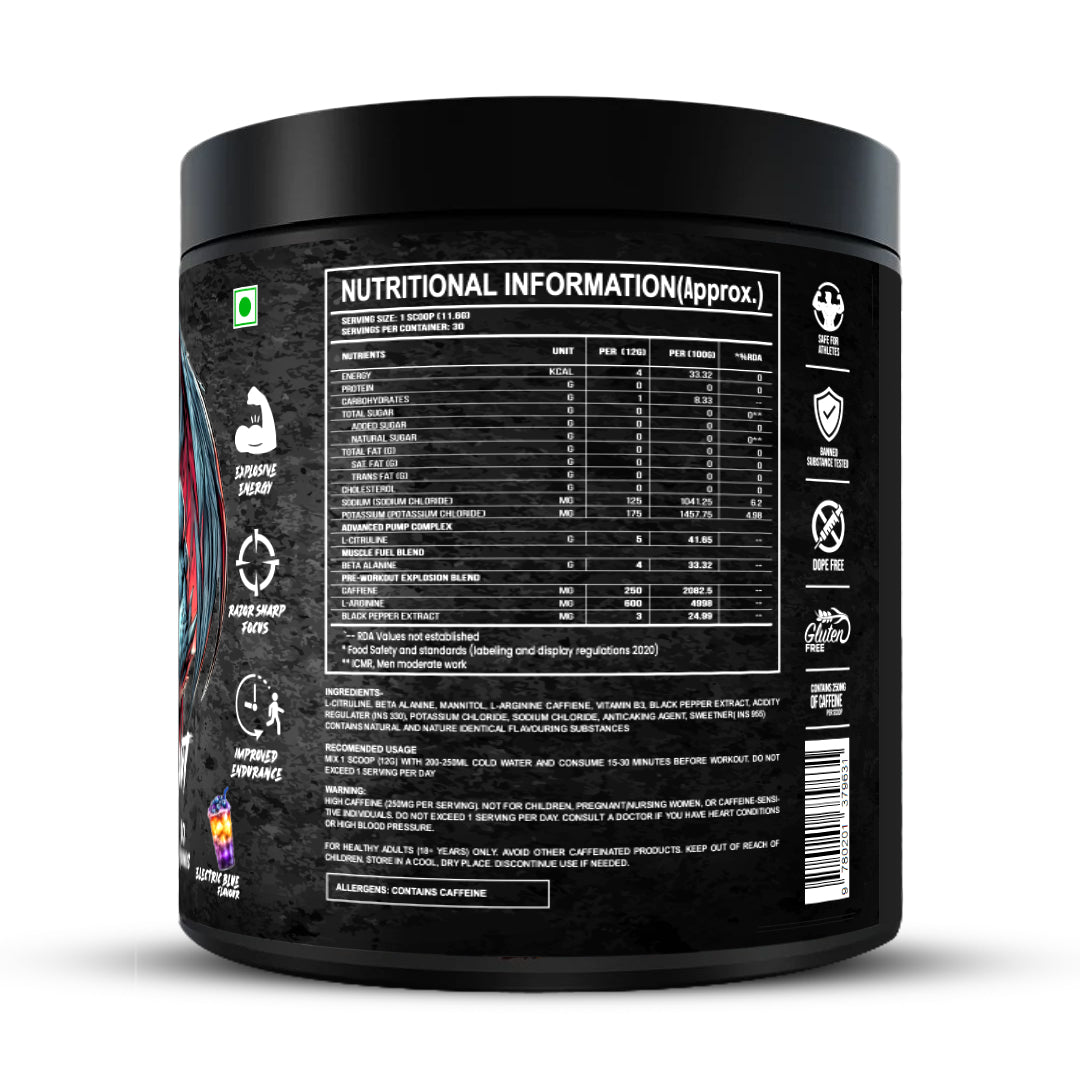 DOMIN8R Pre-Workout – Extreme Energy, Muscle Pump & Focus - Electric Blue 350g
