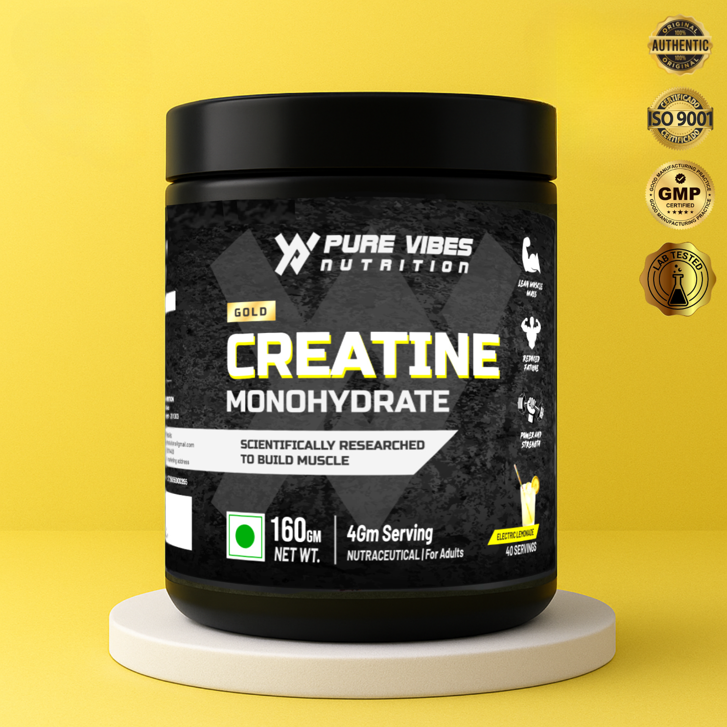 GOLD Creatine Monohydrate – 100% Pure Micronized Creatine | Electric Lemonade Flavour | 160g | 40 Servings