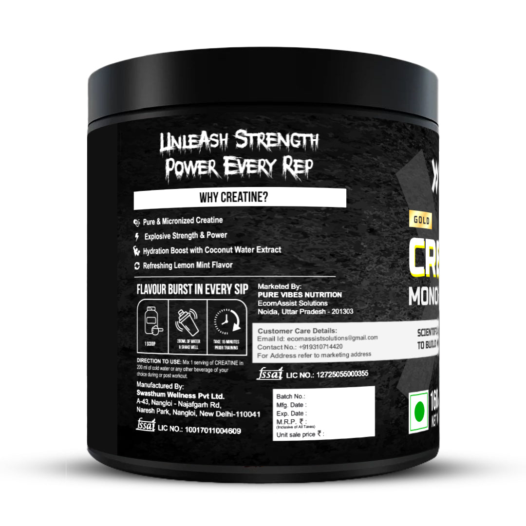 GOLD Creatine Monohydrate – 100% Pure Micronized Creatine | Electric Lemonade Flavour | 160g | 40 Servings