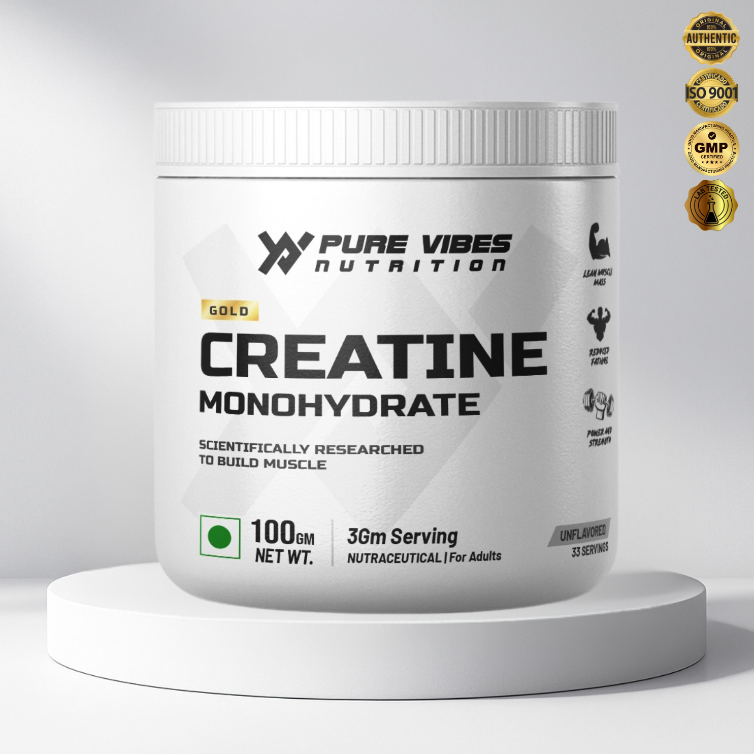 GOLD Creatine Monohydrate – 100% Pure Micronized Creatine | Unflavoured | 100g | 33 Servings