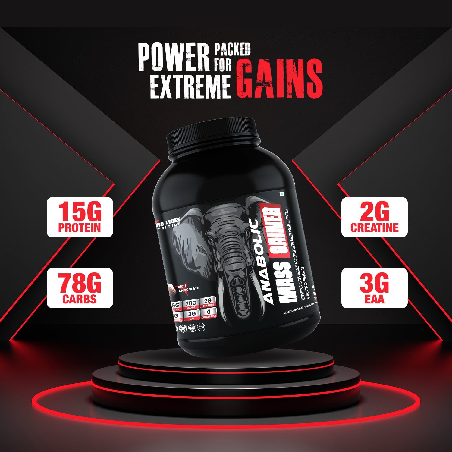 Anabolic Mass Gainer – 16g Protein, 78g Carbs, 2g Creatine, 1g Glutamine, 3g EAA | Rich Chocolate | 3kg Jar (30 Servings)