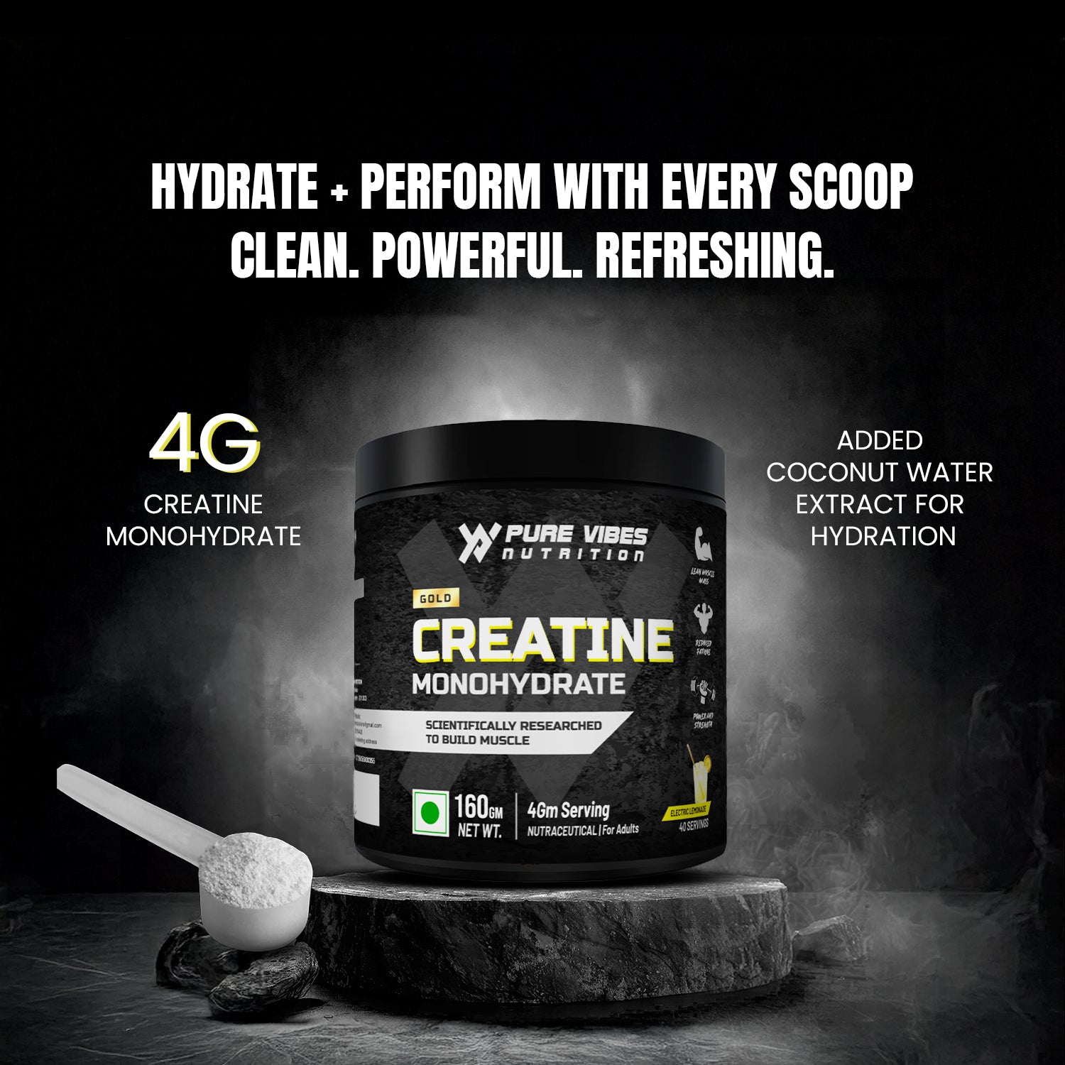 GOLD Creatine Monohydrate – 100% Pure Micronized Creatine | Electric Lemonade Flavour | 160g | 40 Servings