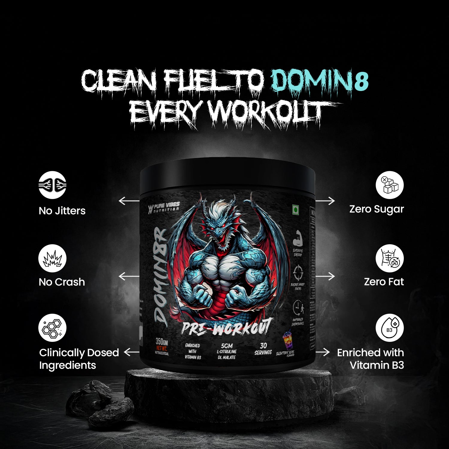 DOMIN8R Pre-Workout – Extreme Energy, Muscle Pump & Focus - Electric Blue 350g