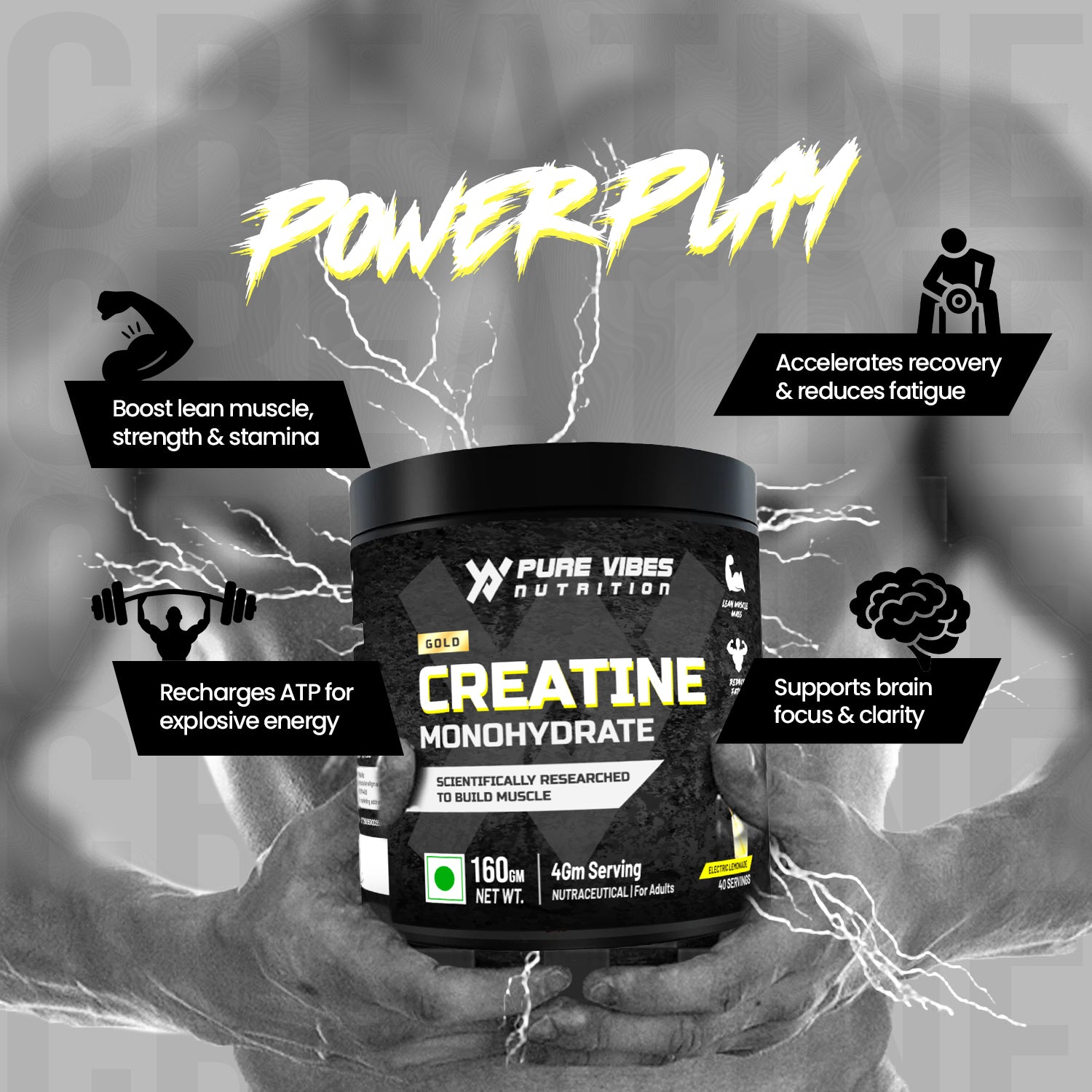 GOLD Creatine Monohydrate – 100% Pure Micronized Creatine | Electric Lemonade Flavour | 160g | 40 Servings