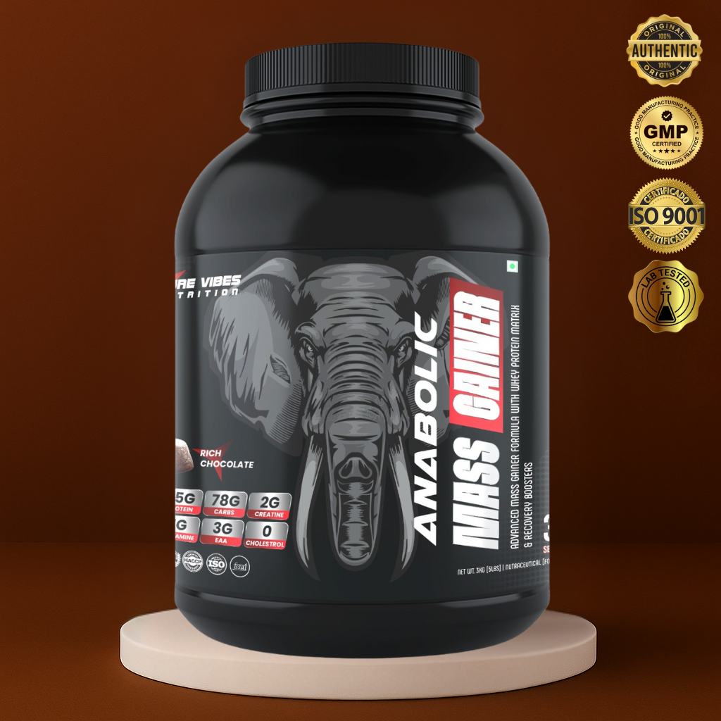 Anabolic Mass Gainer – 16g Protein, 78g Carbs, 2g Creatine, 1g Glutamine, 3g EAA | Rich Chocolate | 3kg Jar (30 Servings)