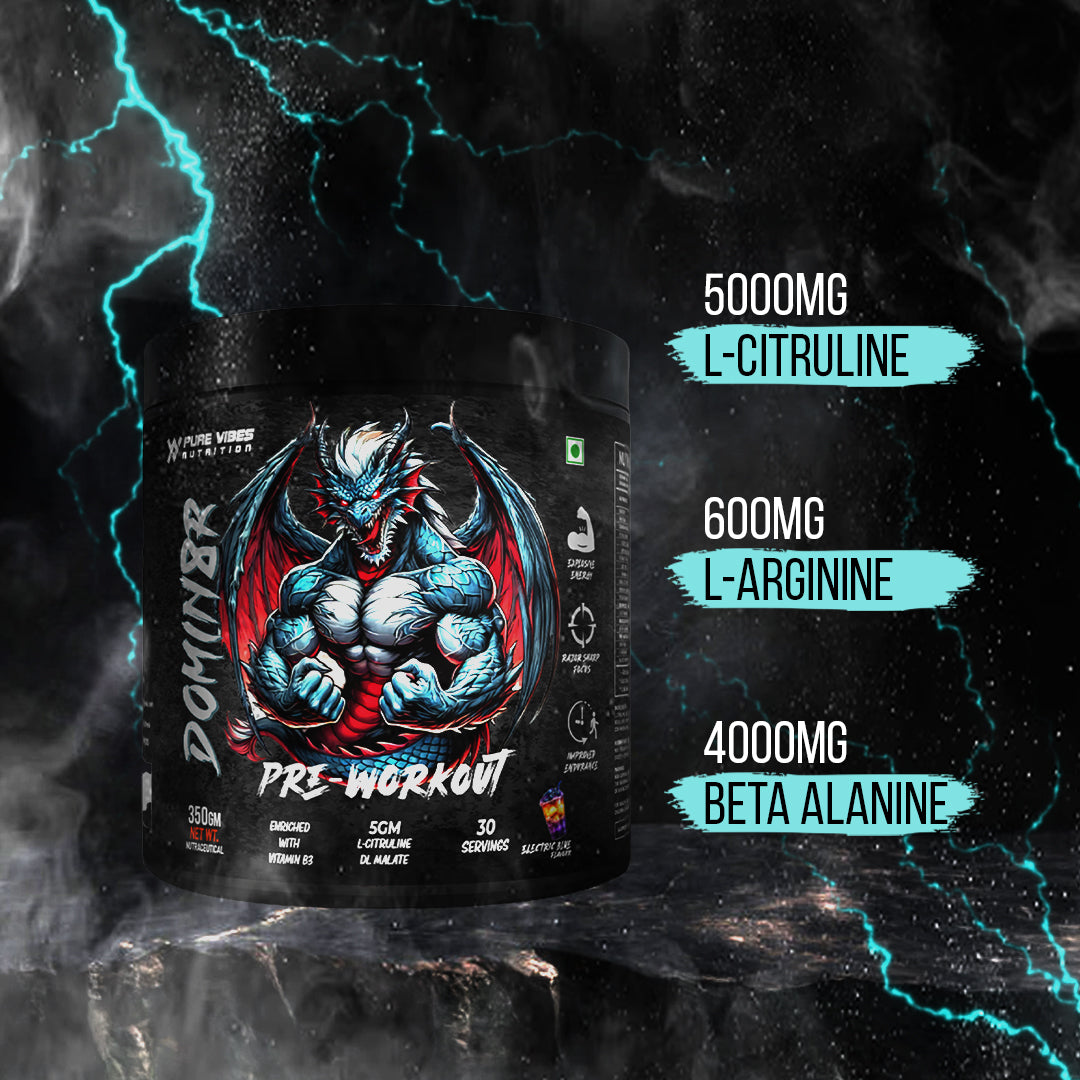 DOMIN8R Pre-Workout – Extreme Energy, Muscle Pump & Focus - Electric Blue 350g