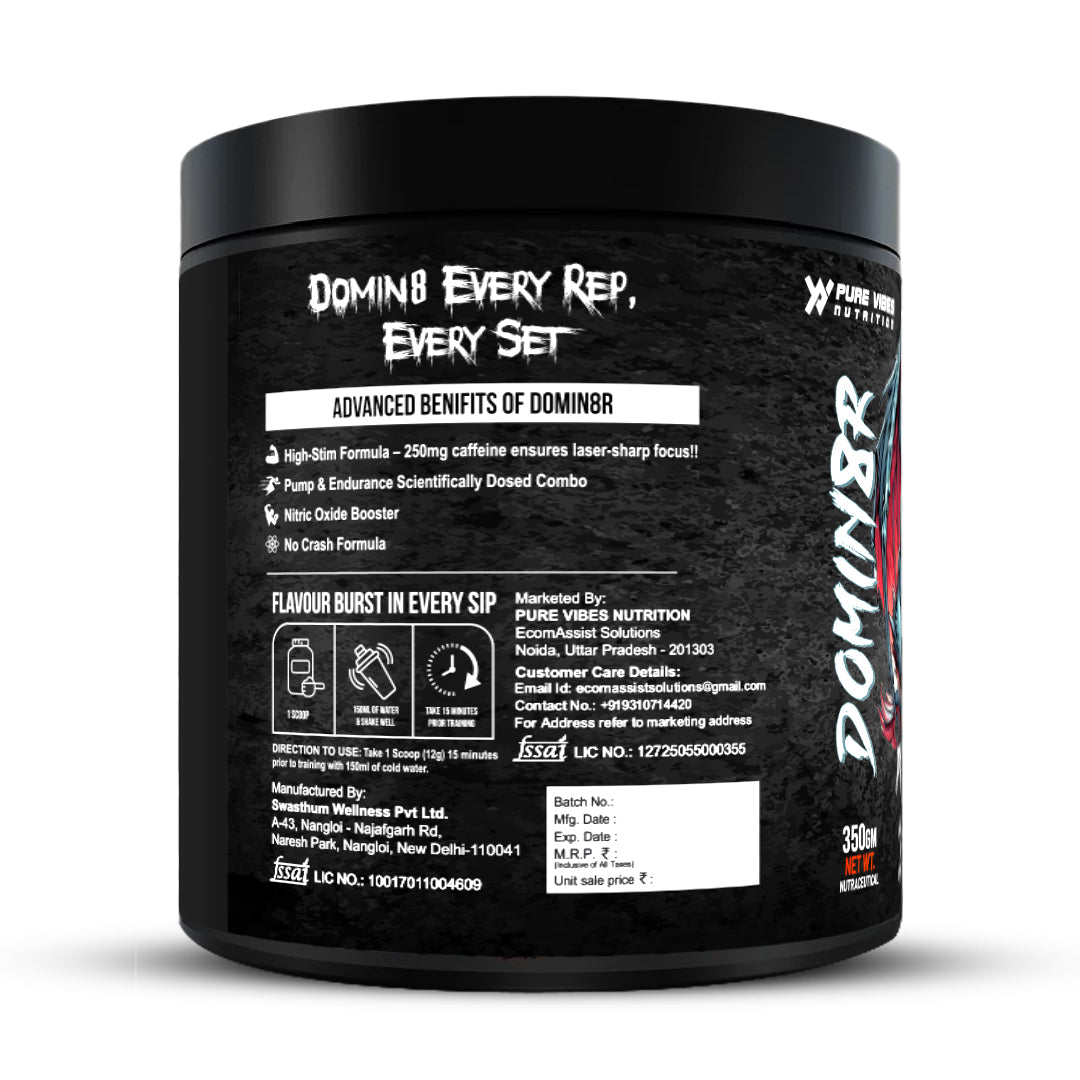 DOMIN8R Pre-Workout – Extreme Energy, Muscle Pump & Focus - Electric Blue 350g