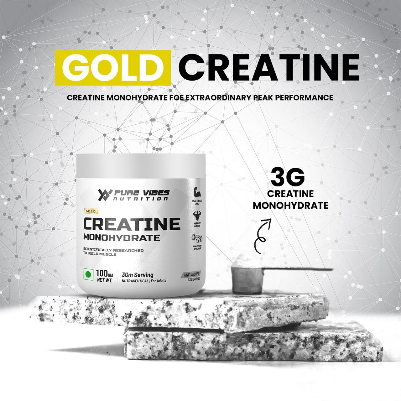 GOLD Creatine Monohydrate – 100% Pure Micronized Creatine | Unflavoured | 100g | 33 Servings
