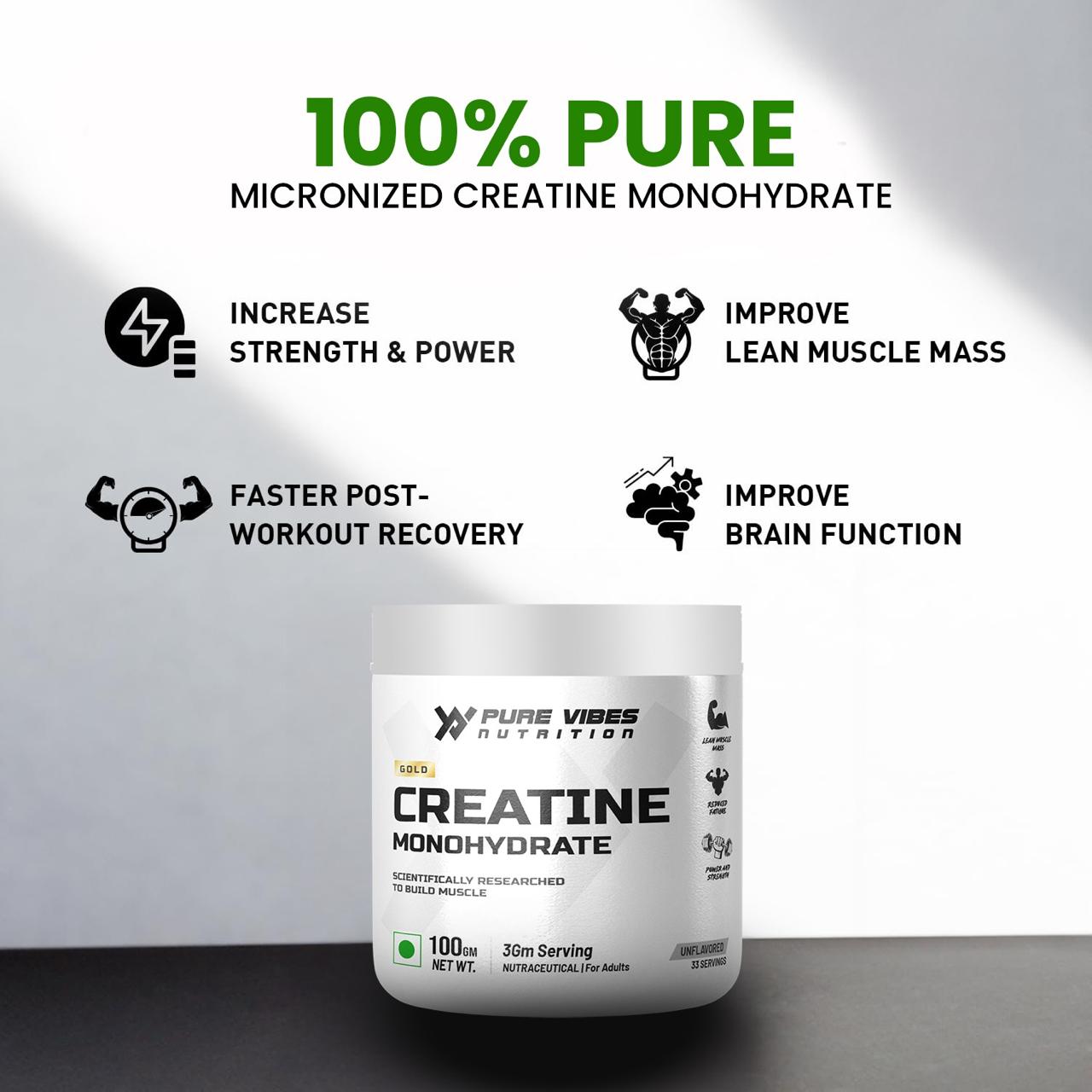 GOLD Creatine Monohydrate – 100% Pure Micronized Creatine | Unflavoured | 100g | 33 Servings