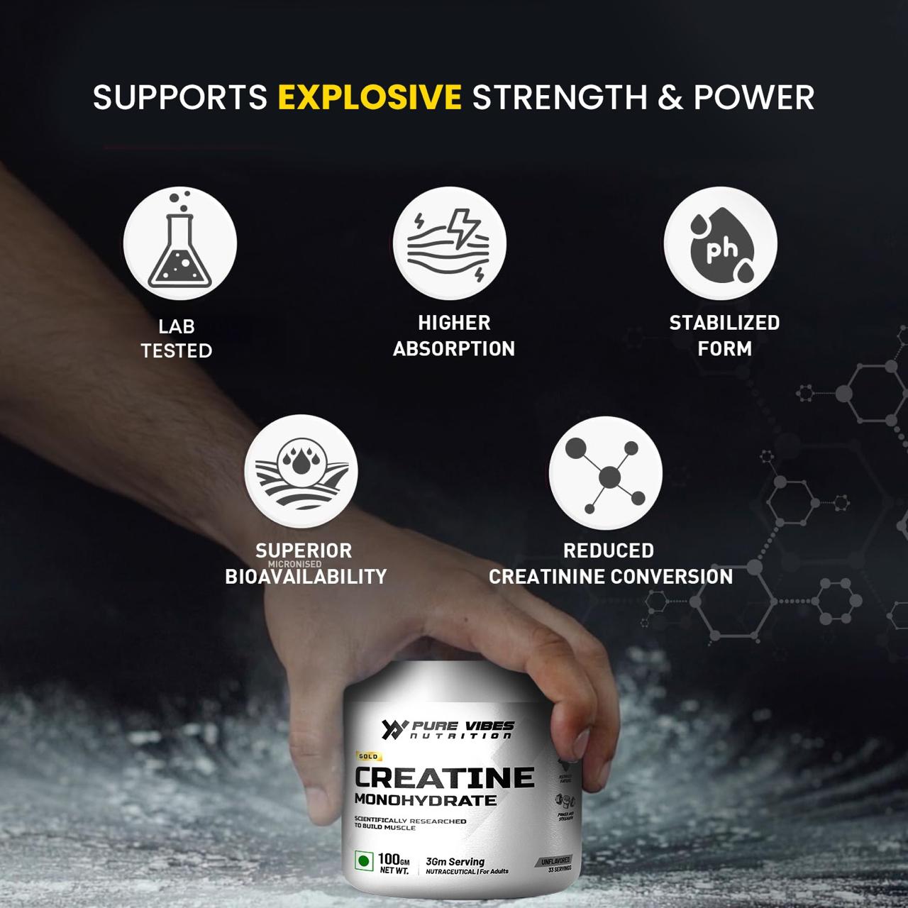 GOLD Creatine Monohydrate – 100% Pure Micronized Creatine | Unflavoured | 100g | 33 Servings