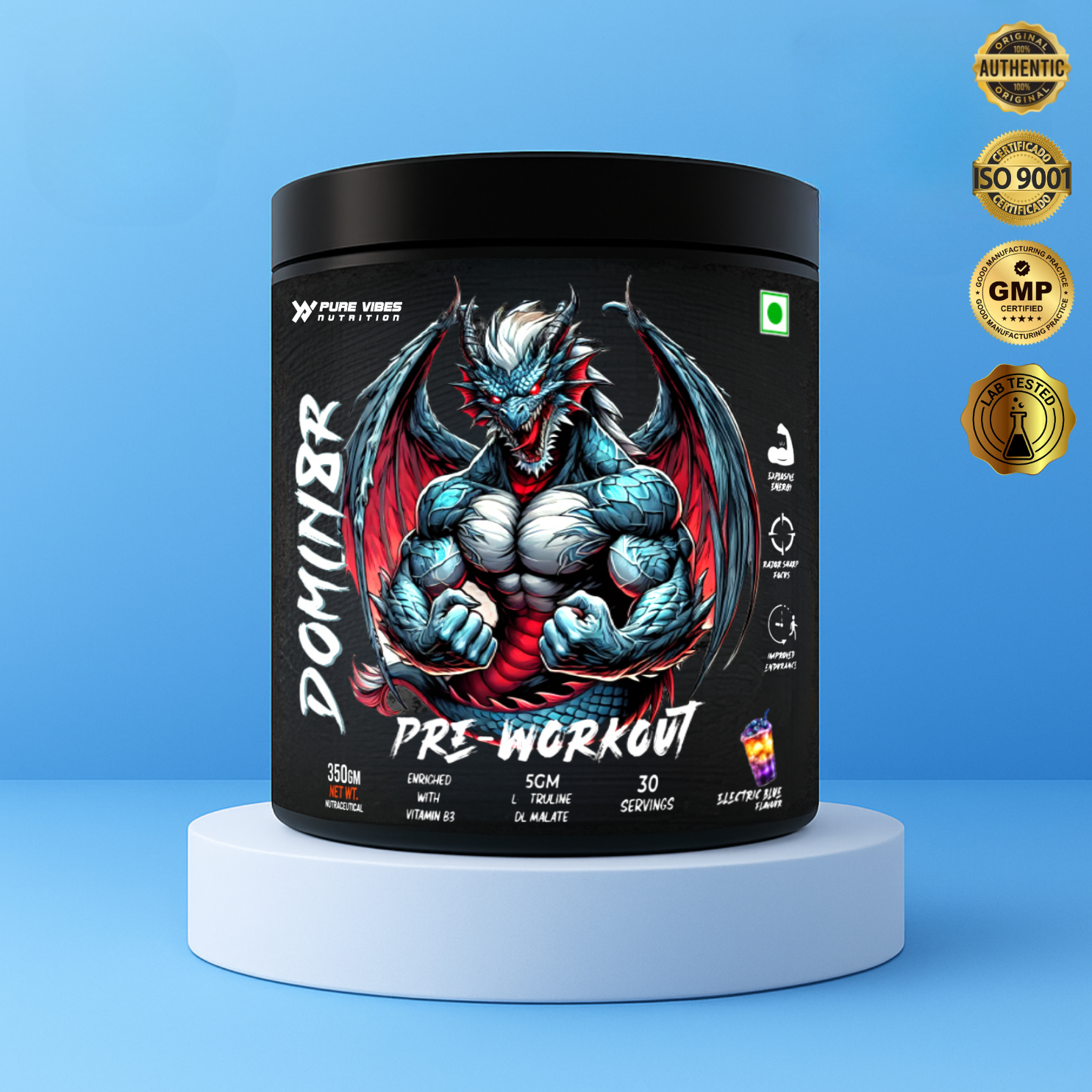 DOMIN8R Pre-Workout – Extreme Energy, Muscle Pump & Focus - Electric Blue 350g