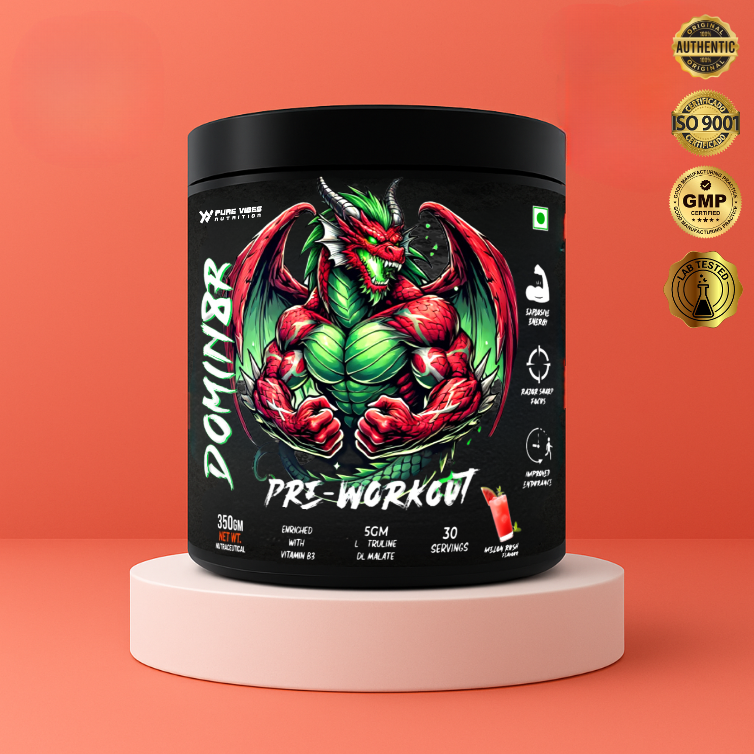 DOMIN8R Pre-Workout – Extreme Energy, Muscle Pump & Focus - Melon Rush 350g